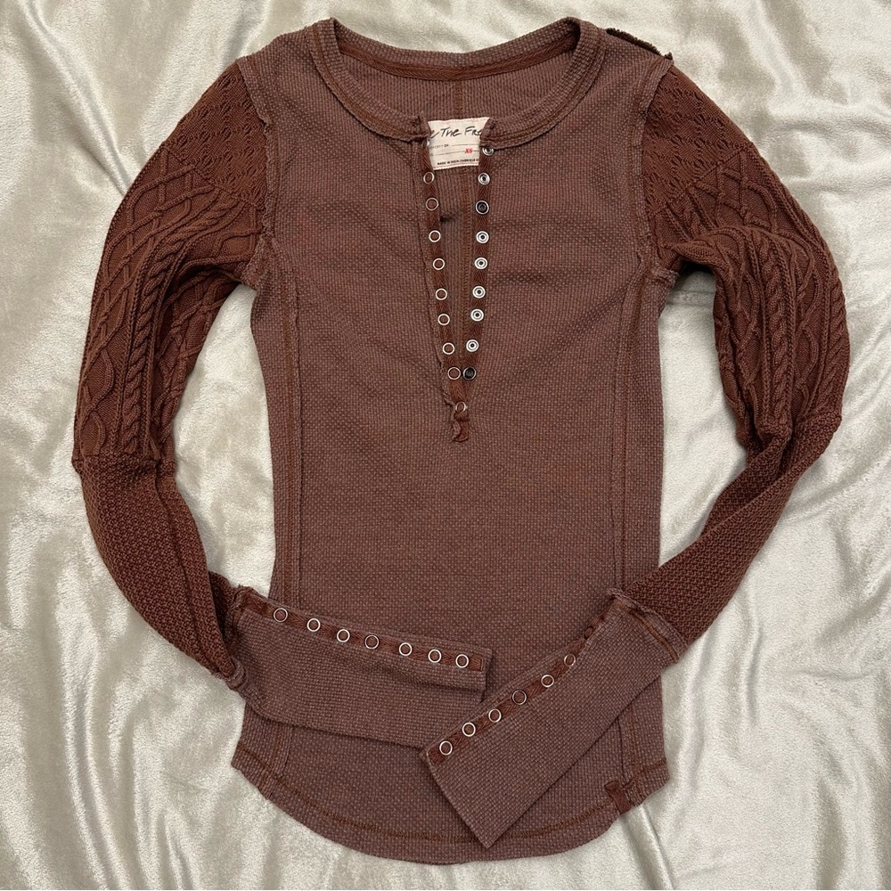Free People We The Free Twisted Cable Cuff Henley/Thermal ~ Caramel Cafe